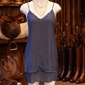 Elegant Navy Satin Slip Dress or Tunic – Layered Chiffon Hem – Chic Minimalist